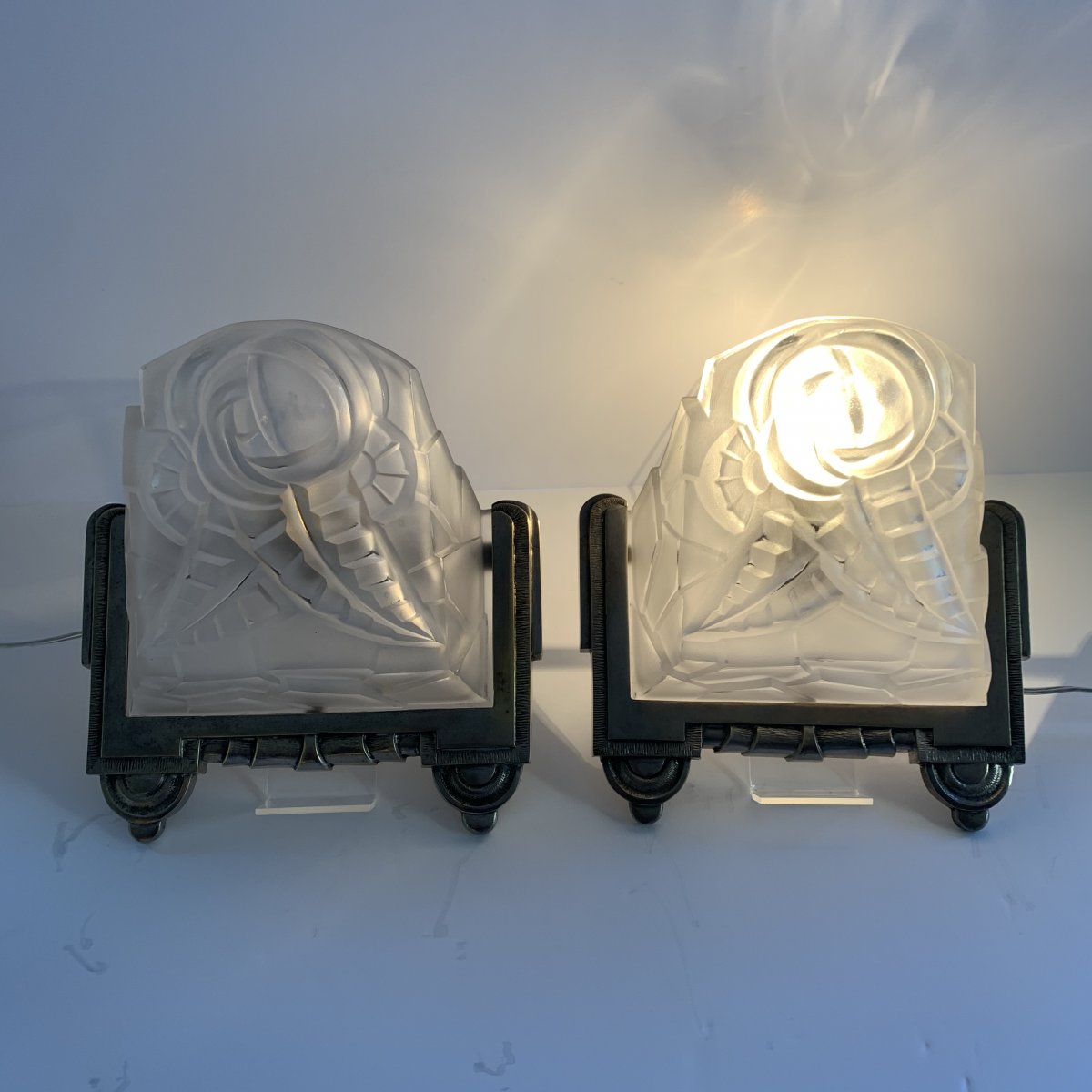 Pair Of Art Deco Degué Numbered Sconces [nickel-plated Bronze] (cat: Art Deco 1930 Sconce)-photo-5