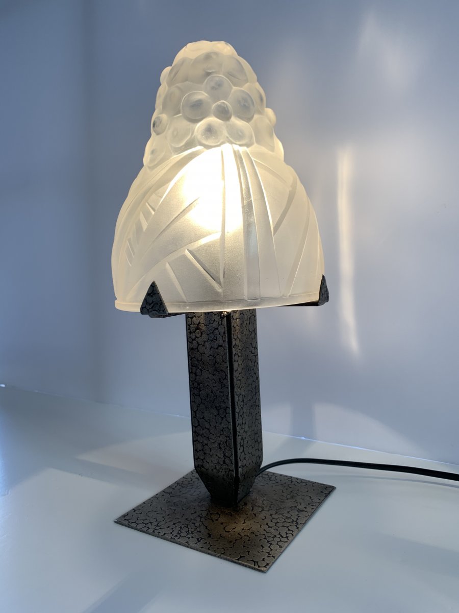 Lampe De Table Ou De Bureau Art Déco Degué Pied Fer Forgé (lampes Art Deco 1930)-photo-2