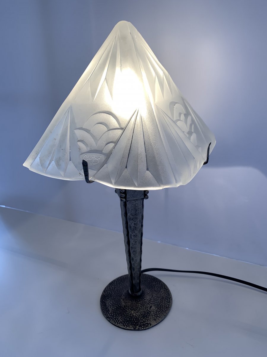 Lampe Art Déco Pyramidale Signée Degué Pied Fer Forgé (cat: Lampes Art Déco 1930)-photo-3
