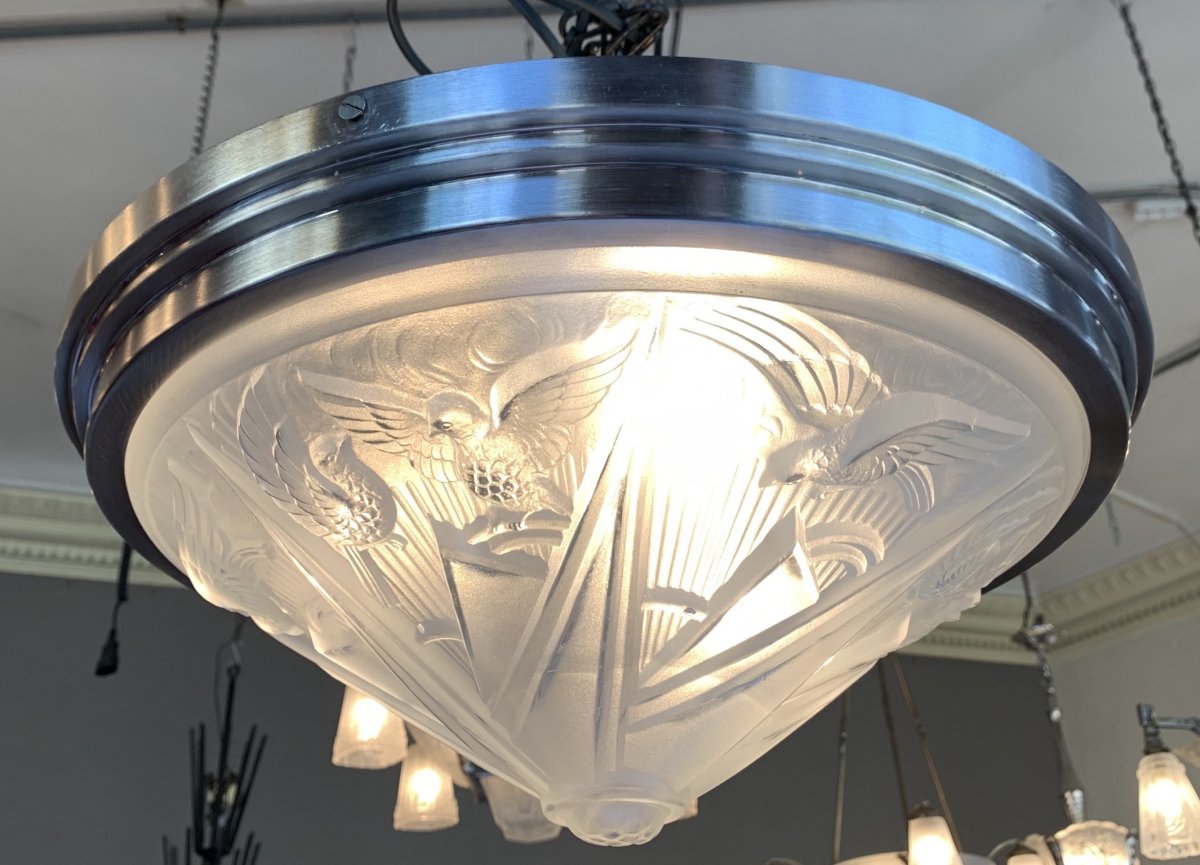 Plafonnier Art Déco à Structure Ronde Signé Des Hanots  (plafonniers-suspension Art Deco 1930) -photo-1