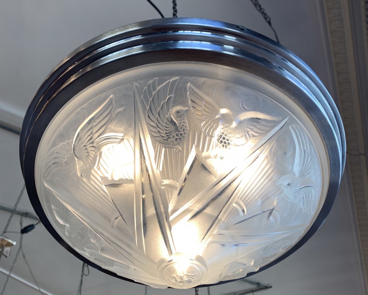 Plafonnier Art Déco à Structure Ronde Signé Des Hanots  (plafonniers-suspension Art Deco 1930) -photo-2