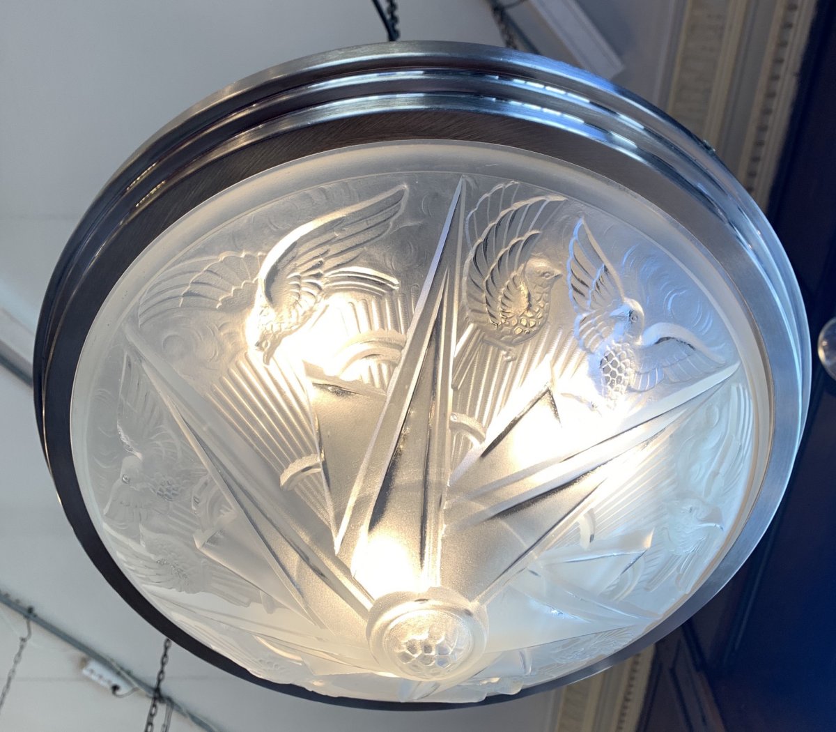 Plafonnier Art Déco à Structure Ronde Signé Des Hanots  (plafonniers-suspension Art Deco 1930) 