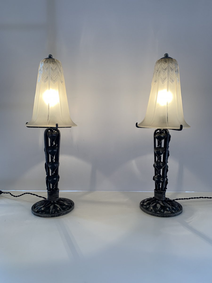 Pair Of Art Deco Lorrain Daum Patinated Wrought Iron Lamps (cat: Art Deco Lamp 1930)-photo-3