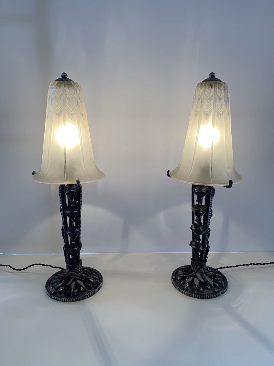 Pair Of Art Deco Lorrain Daum Patinated Wrought Iron Lamps (cat: Art Deco Lamp 1930)-photo-4