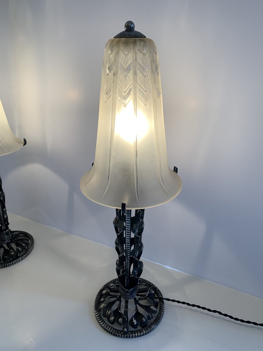 Pair Of Art Deco Lorrain Daum Patinated Wrought Iron Lamps (cat: Art Deco Lamp 1930)-photo-2