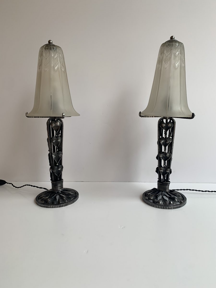 Pair Of Art Deco Lorrain Daum Patinated Wrought Iron Lamps (cat: Art Deco Lamp 1930)-photo-7