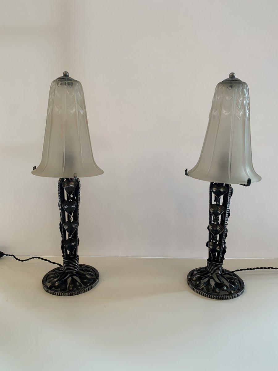 Pair Of Art Deco Lorrain Daum Patinated Wrought Iron Lamps (cat: Art Deco Lamp 1930)-photo-8