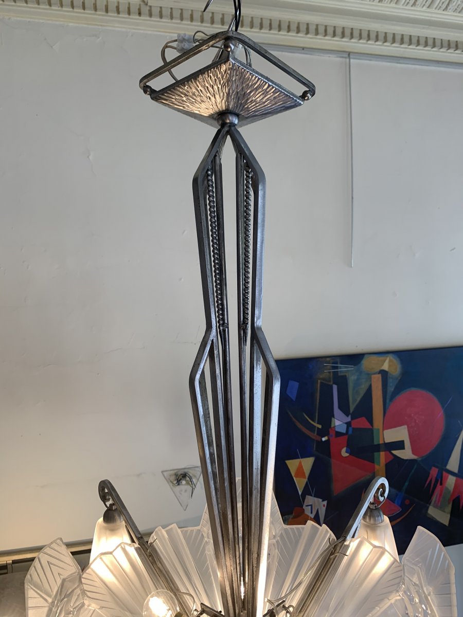 Lustre Art Déco 4 plaques et 4 tulipes Signé « PETITOT FRANCE » (lustres Art Deco 1930)-photo-5
