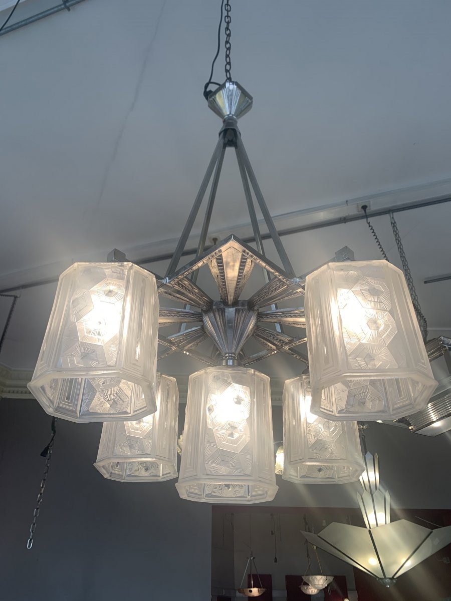 Exceptionnel Lustre Art Déco Hettier & Vincent à 5 Cubes  (lustres Art Deco 1930) -photo-2