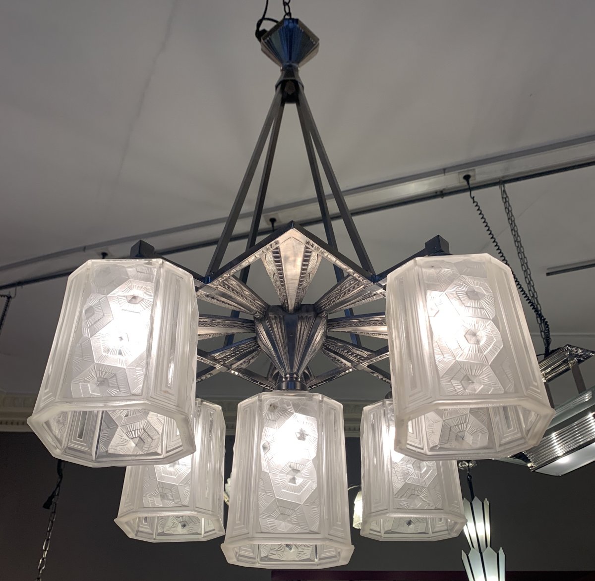 Exceptionnel Lustre Art Déco Hettier & Vincent à 5 Cubes  (lustres Art Deco 1930) 