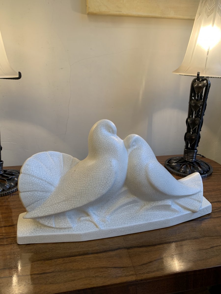 Art Deco Ceramic "couple Of Doves" Signed Dax In Hollow (animal Group Art Deco 1930)-photo-6