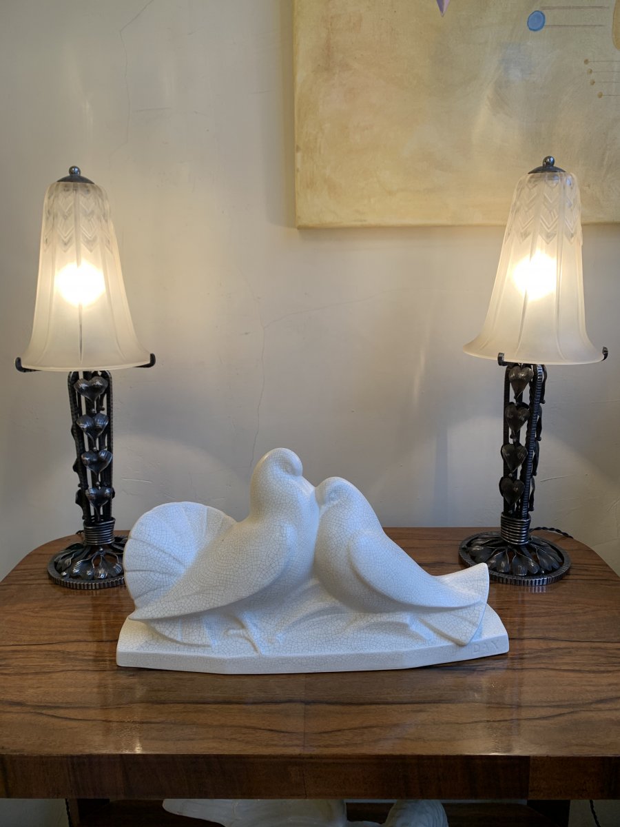 Art Deco Ceramic "couple Of Doves" Signed Dax In Hollow (animal Group Art Deco 1930)