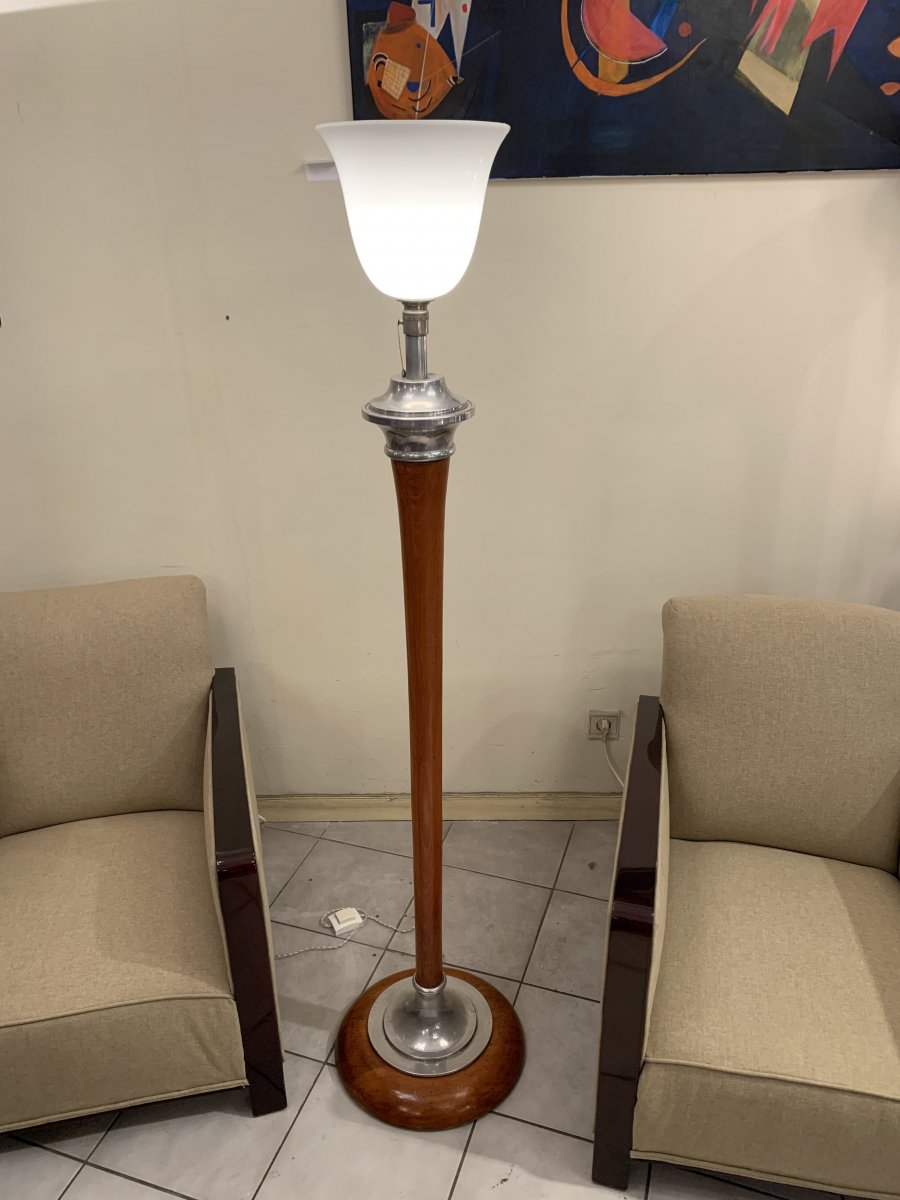 Mazda Art Deco Floor Lamp [marked] In Turned Wood (lamp - Art Deco Floor Lamps 1930)-photo-1