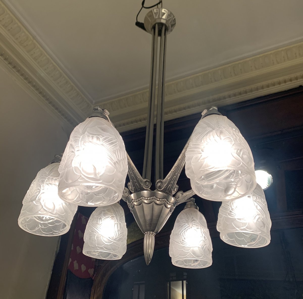 Art Deco French Work Chandelier 6 Tulips {nickel Bronze} (art Deco Suspension 1930)-photo-4