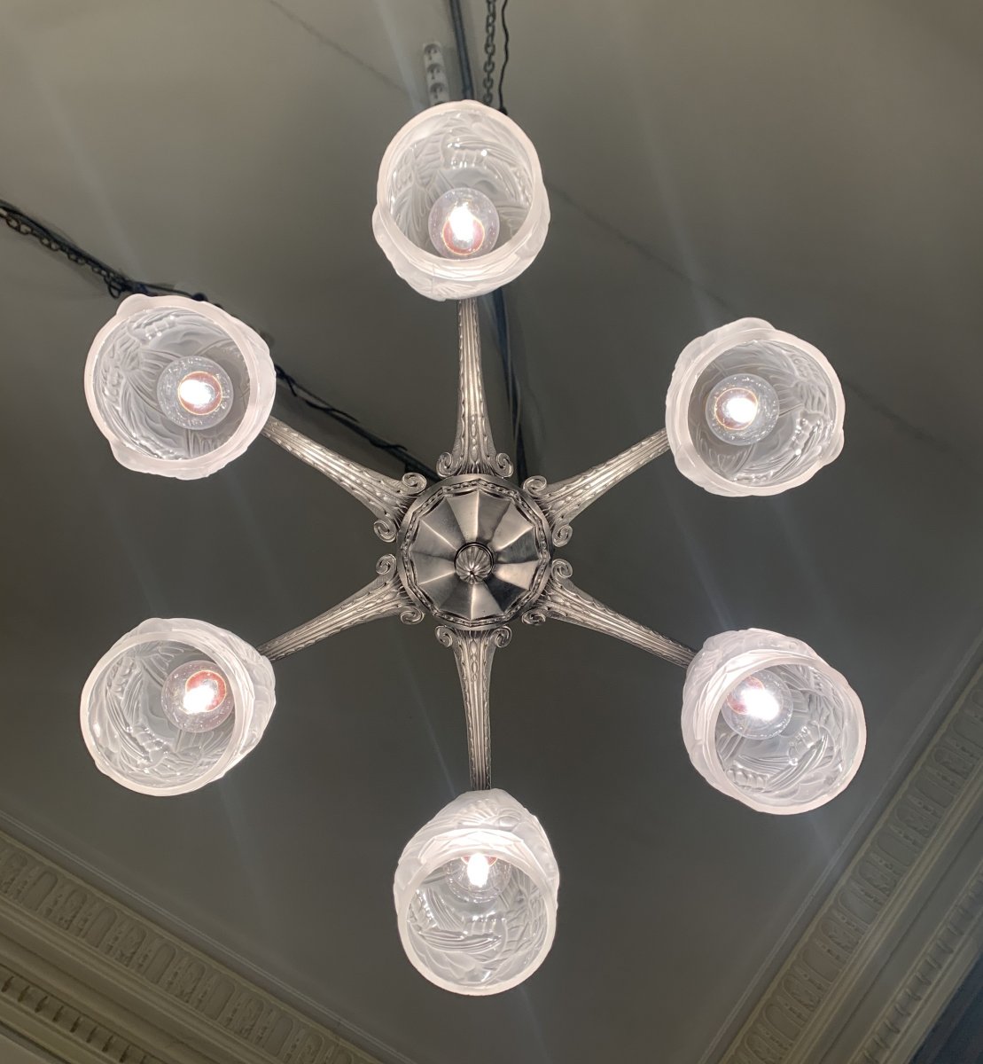 Art Deco French Work Chandelier 6 Tulips {nickel Bronze} (art Deco Suspension 1930)-photo-1