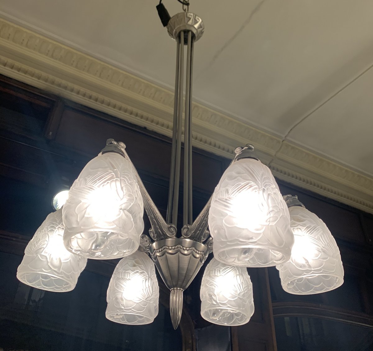 Art Deco French Work Chandelier 6 Tulips {nickel Bronze} (art Deco Suspension 1930)-photo-2