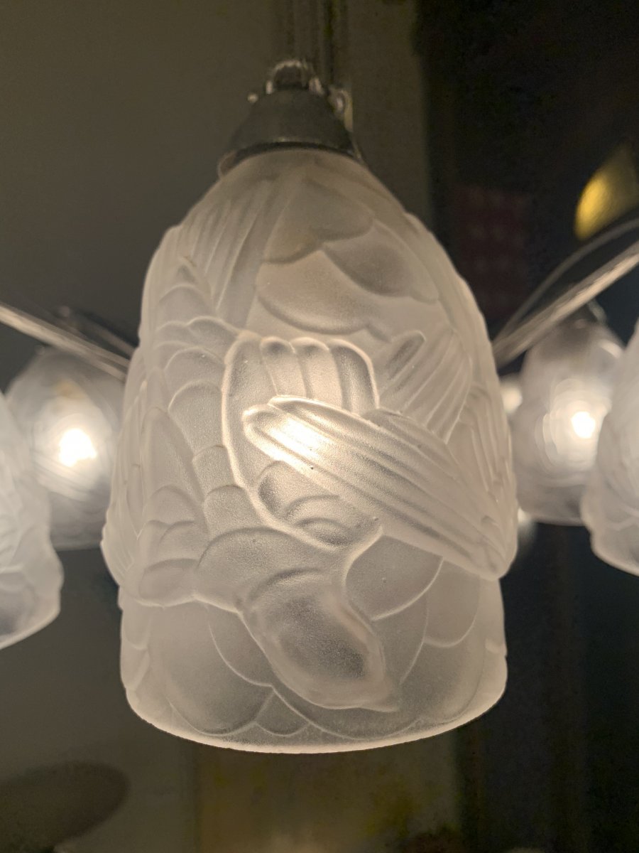 Art Deco French Work Chandelier 6 Tulips {nickel Bronze} (art Deco Suspension 1930)-photo-6