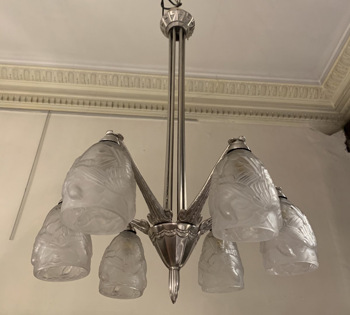 Art Deco French Work Chandelier 6 Tulips {nickel Bronze} (art Deco Suspension 1930)-photo-8