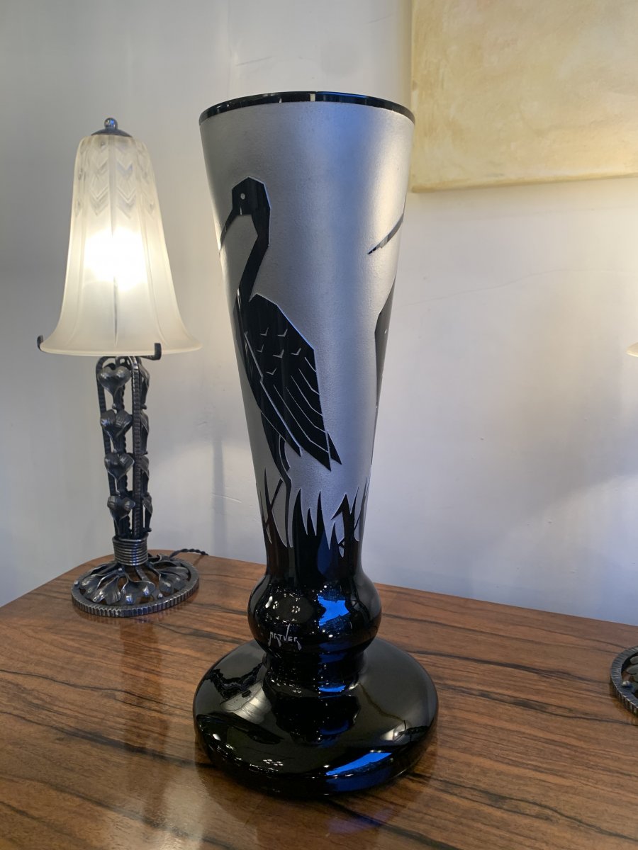 Important Art Deco Vase Paul Heller Signed Artver With 3 Stylized Storks (art Deco Glass 1930)-photo-4