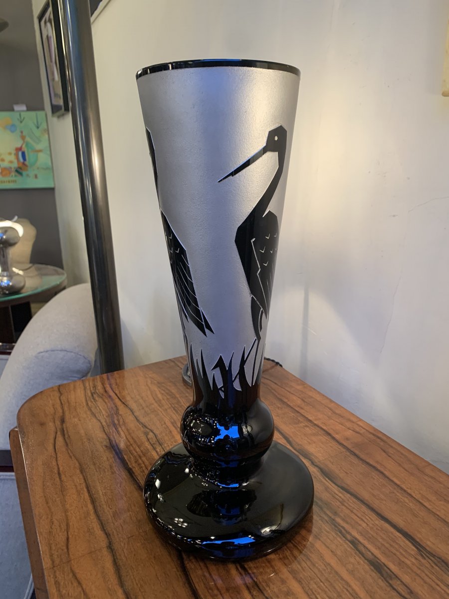Important Art Deco Vase Paul Heller Signed Artver With 3 Stylized Storks (art Deco Glass 1930)-photo-1