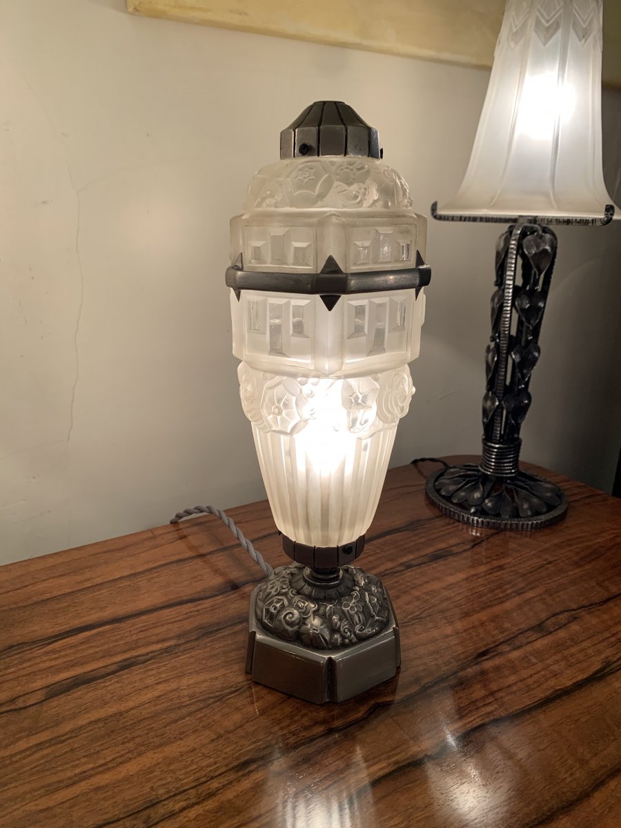 Rare Art Deco Table Lamp / Nightlight Hettier-vincent Et Hanots-photo-3