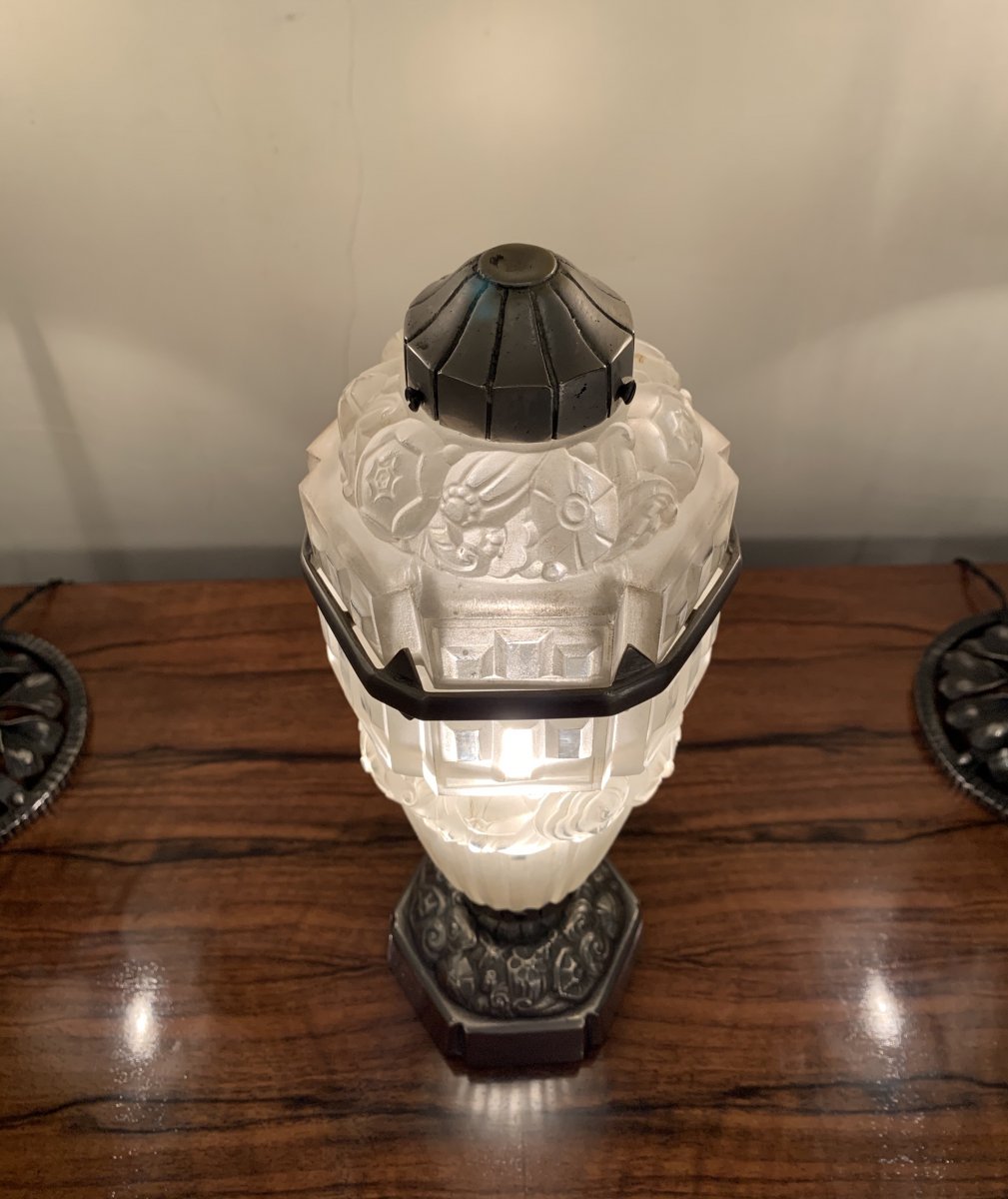 Rare Art Deco Table Lamp / Nightlight Hettier-vincent Et Hanots-photo-1