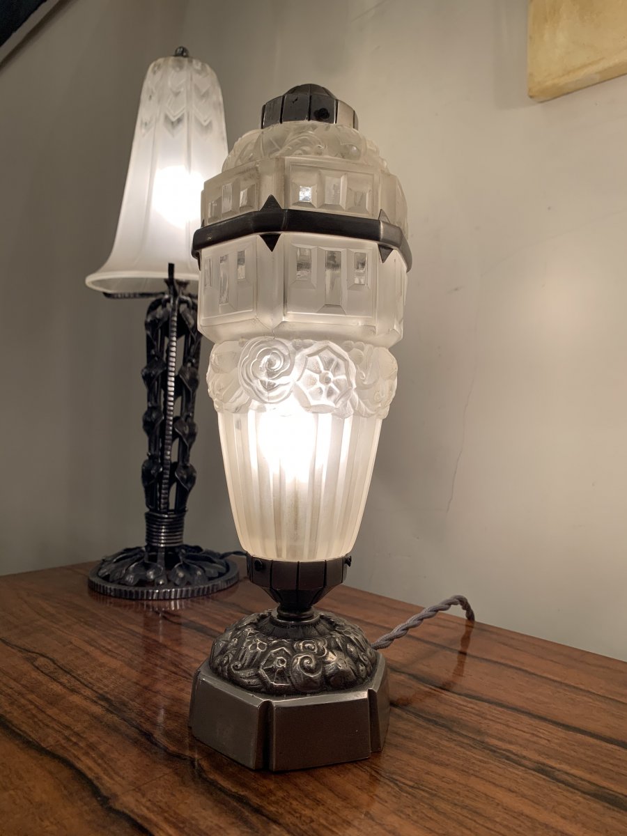 Rare Art Deco Table Lamp / Nightlight Hettier-vincent Et Hanots-photo-2