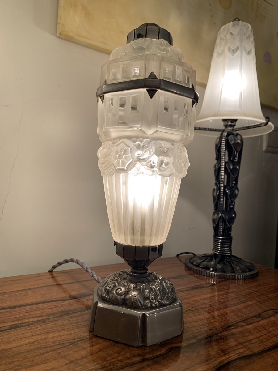 Rare Art Deco Table Lamp / Nightlight Hettier-vincent Et Hanots-photo-3