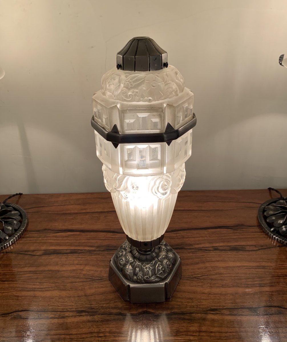 Rare Art Deco Table Lamp / Nightlight Hettier-vincent Et Hanots