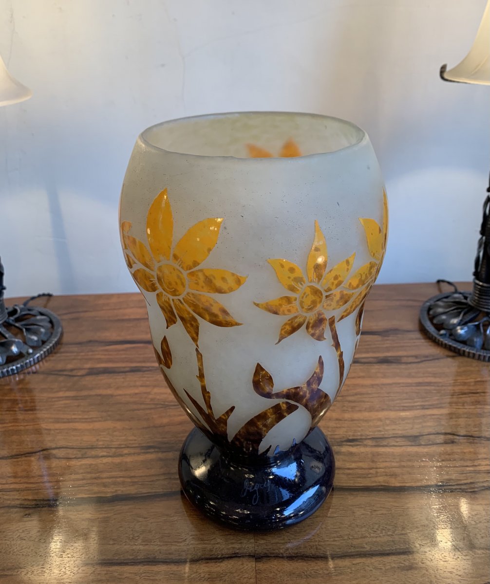 Vase Transition Art Nouveau / Art Déco En Verre Multicouche Signé Degué ( Vases Art Deco 1920) -photo-2