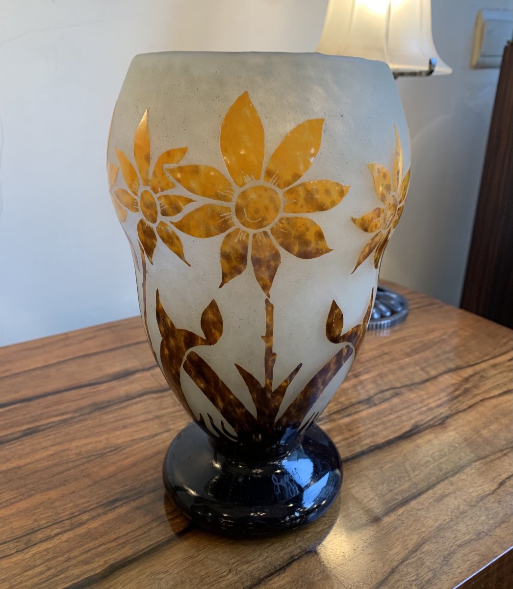 Vase Transition Art Nouveau / Art Déco En Verre Multicouche Signé Degué ( Vases Art Deco 1920) -photo-3