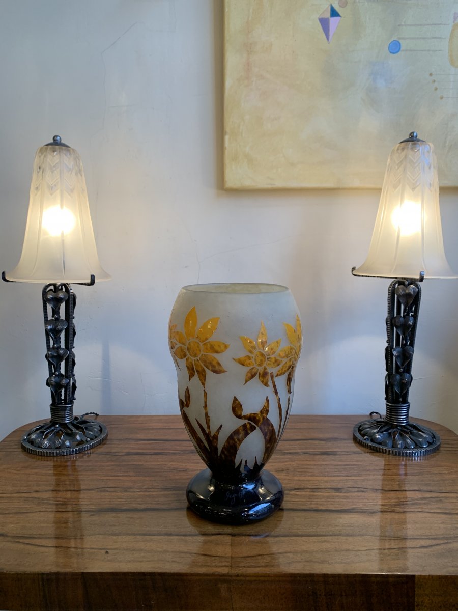 Vase Transition Art Nouveau / Art Déco En Verre Multicouche Signé Degué ( Vases Art Deco 1920) -photo-1