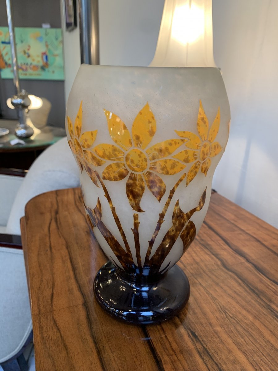 Vase Transition Art Nouveau / Art Déco En Verre Multicouche Signé Degué ( Vases Art Deco 1920) -photo-2
