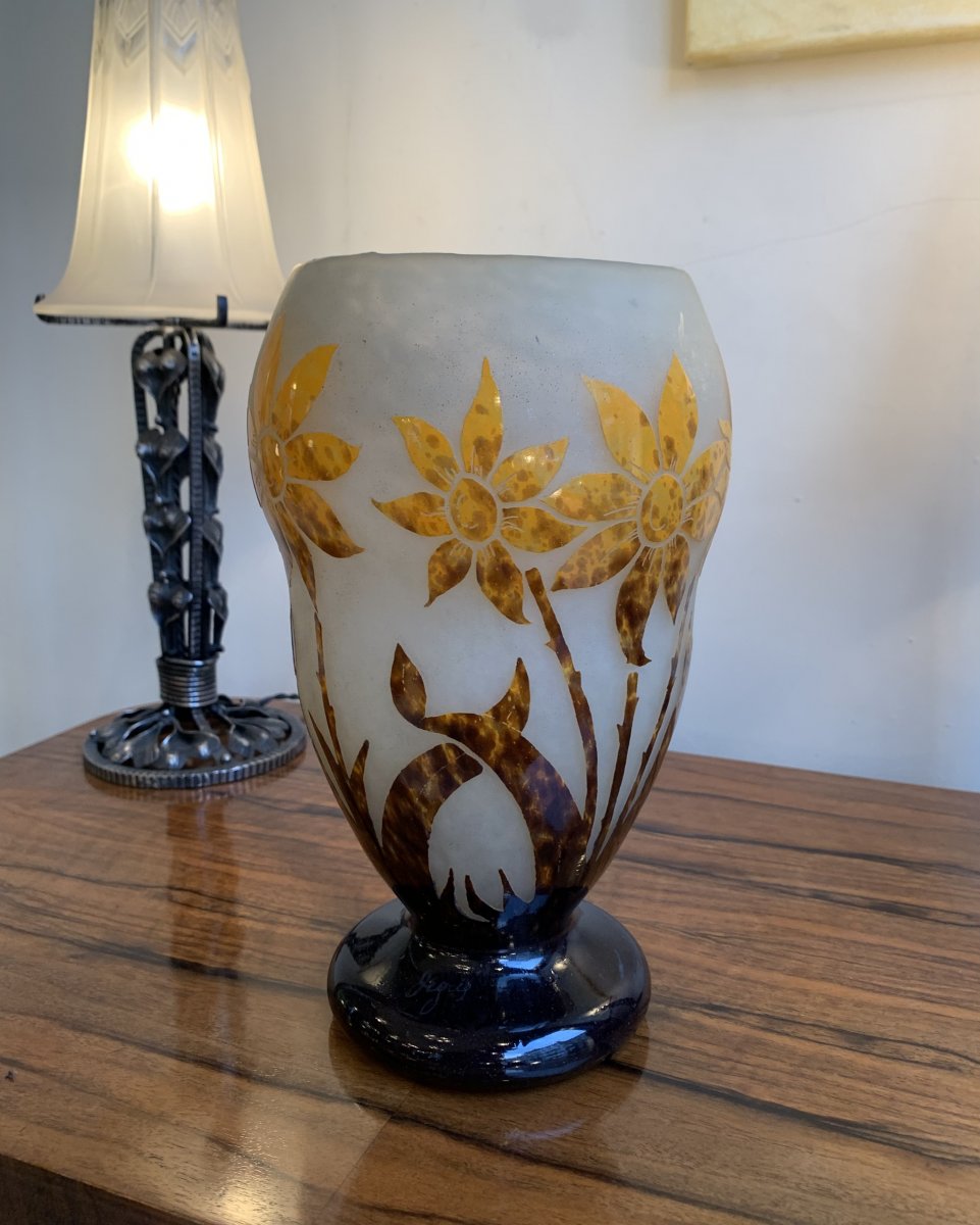 Vase Transition Art Nouveau / Art Déco En Verre Multicouche Signé Degué ( Vases Art Deco 1920) -photo-4