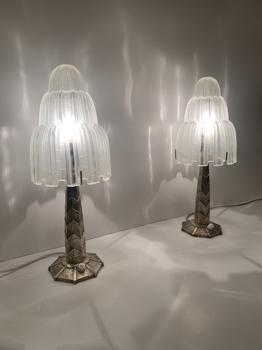 Extraordinary Pair Of Signed Art Deco Sabino "cascades" Lamps (1930 Art Deco Lamp)-photo-2