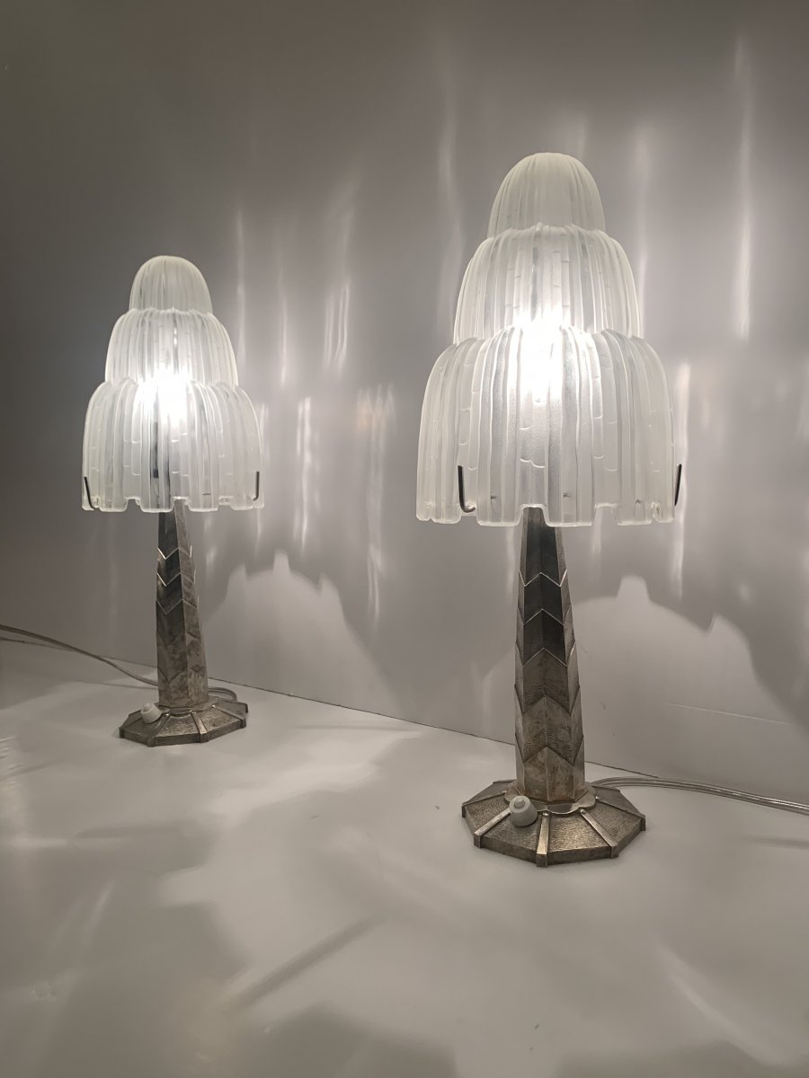 Extraordinary Pair Of Signed Art Deco Sabino "cascades" Lamps (1930 Art Deco Lamp)