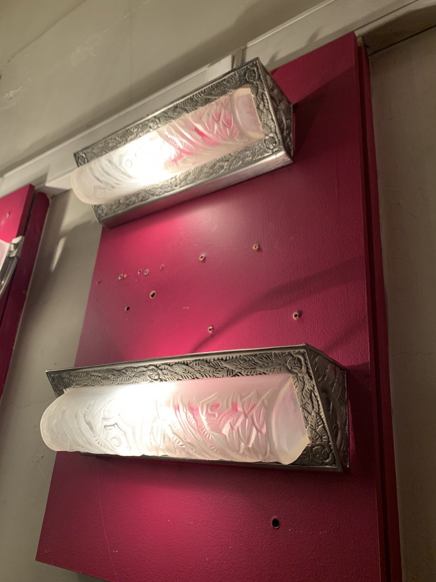 Pair Of Art Deco Sconces "boudins" Signed Schneider France 405 (art Deco Wall Lamp 1930)
