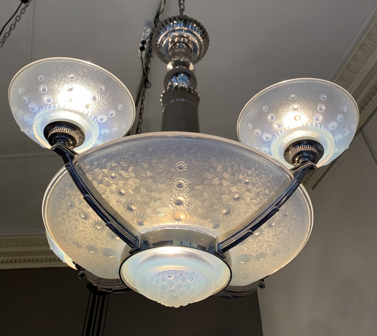 Rare Art Deco Chandelier Georges Leleu Opalescent [signed] (art Deco Chandeliers 1930)-photo-2