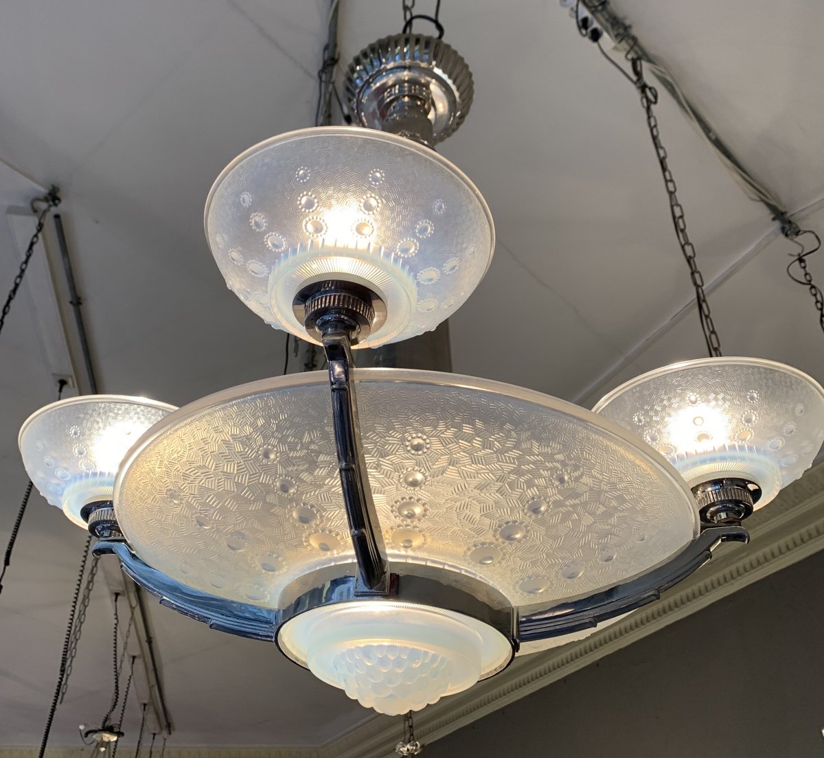Rare Art Deco Chandelier Georges Leleu Opalescent [signed] (art Deco Chandeliers 1930)-photo-3