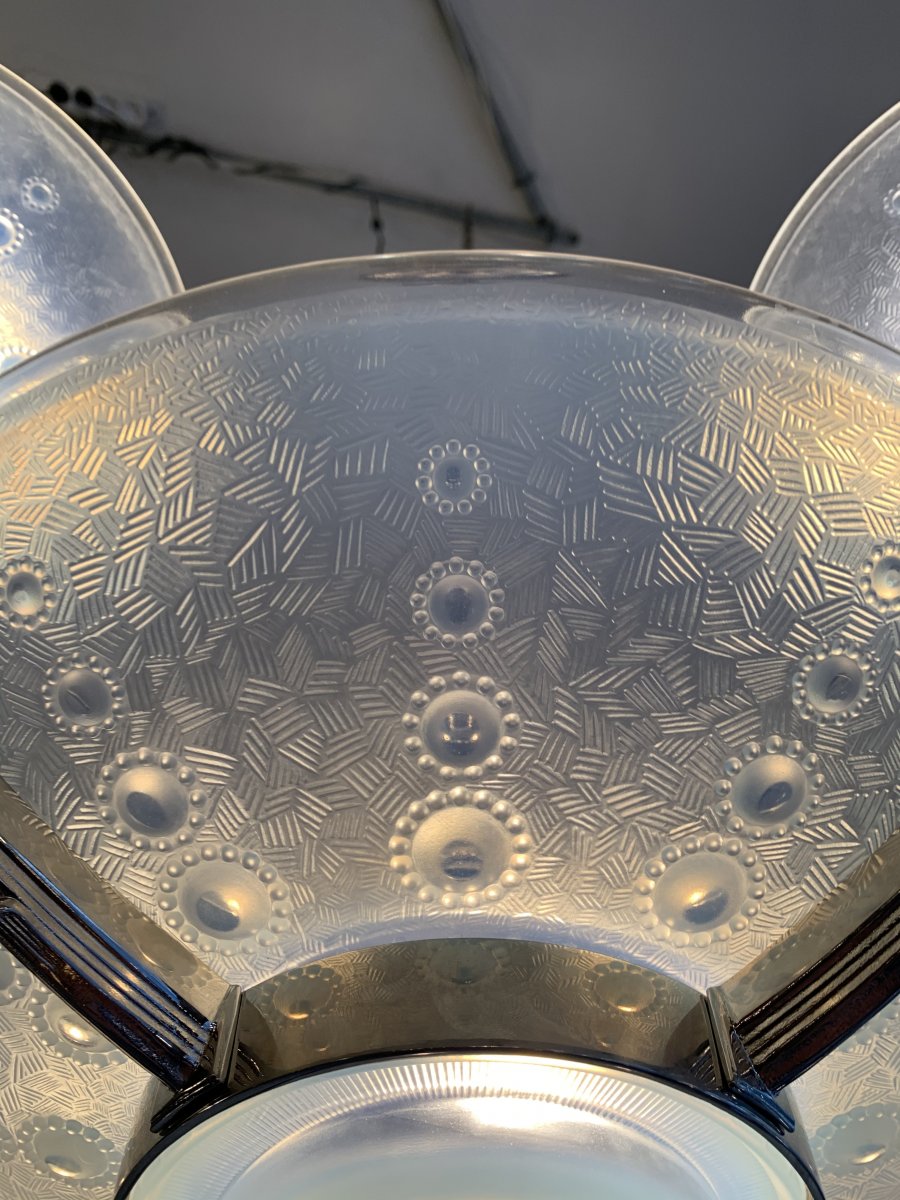 Rare Art Deco Chandelier Georges Leleu Opalescent [signed] (art Deco Chandeliers 1930)-photo-5
