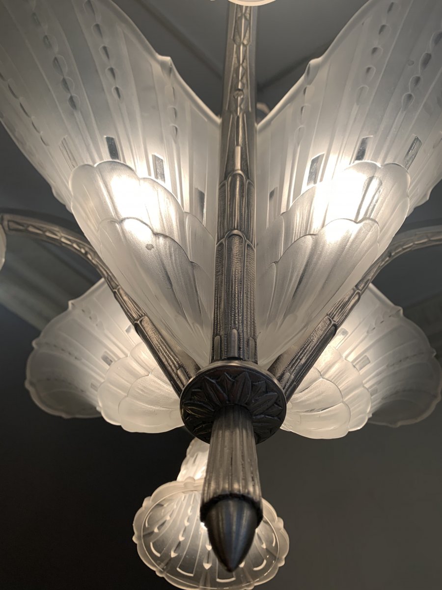 Art Deco Chandelier Ejg (jean Gauthier) With 4 Cones And 4 Tulips (art Deco Chandeliers 1930)-photo-5