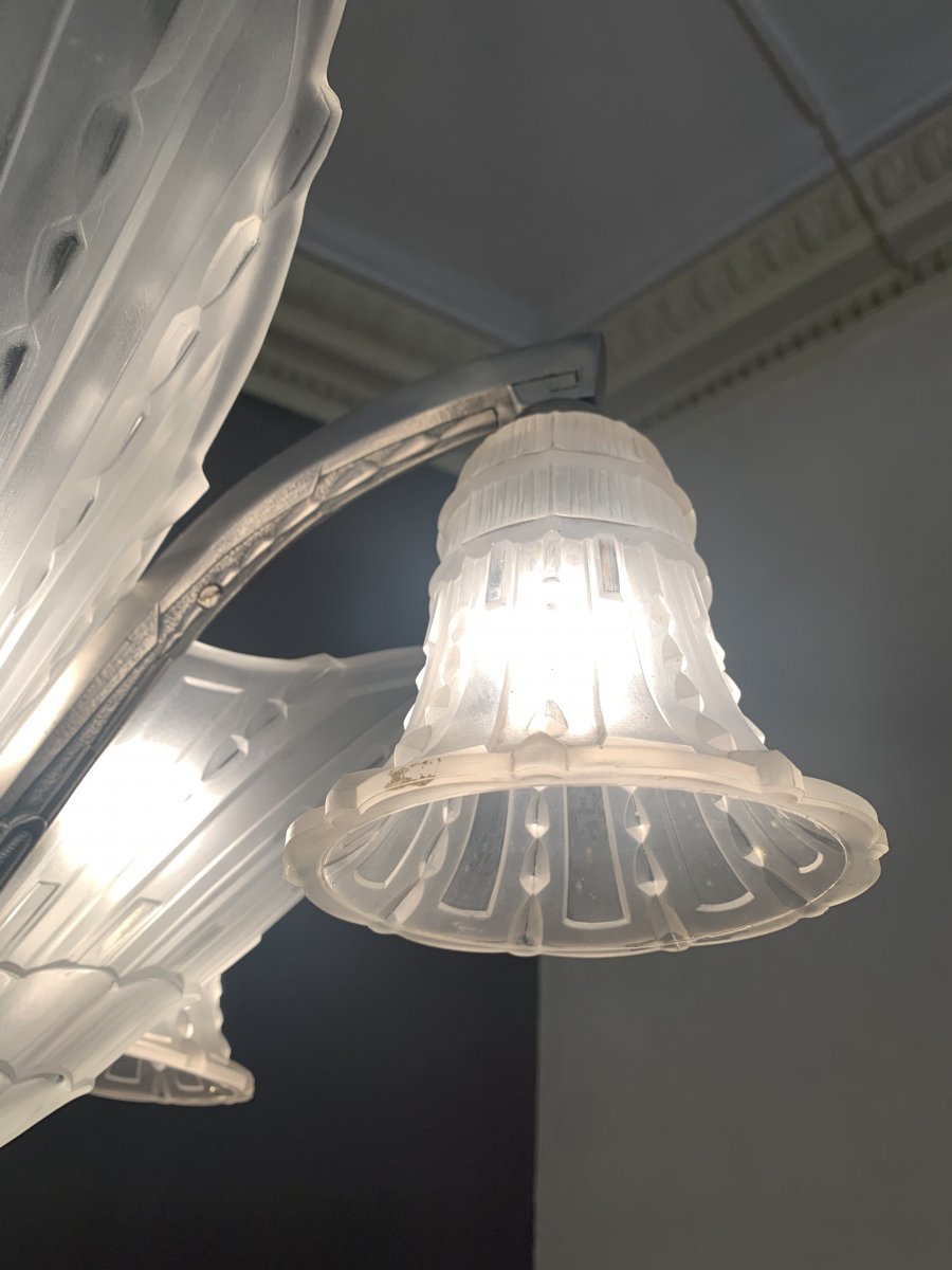 Art Deco Chandelier Ejg (jean Gauthier) With 4 Cones And 4 Tulips (art Deco Chandeliers 1930)-photo-7