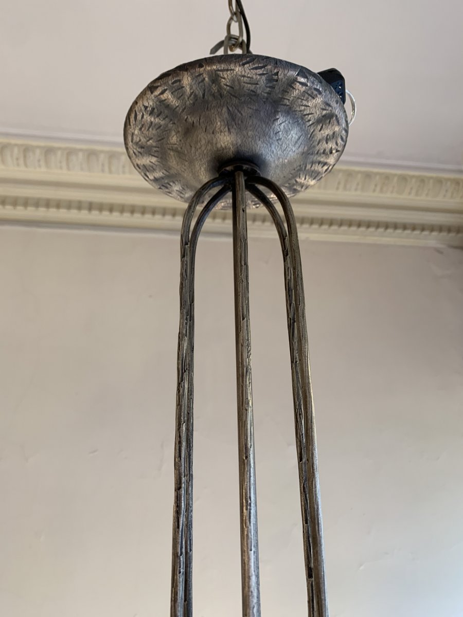Art Deco Wrought Iron Chandelier With Three Tulips And A Shell Signed Degué (art Deco Chandeliers 1930)-photo-6