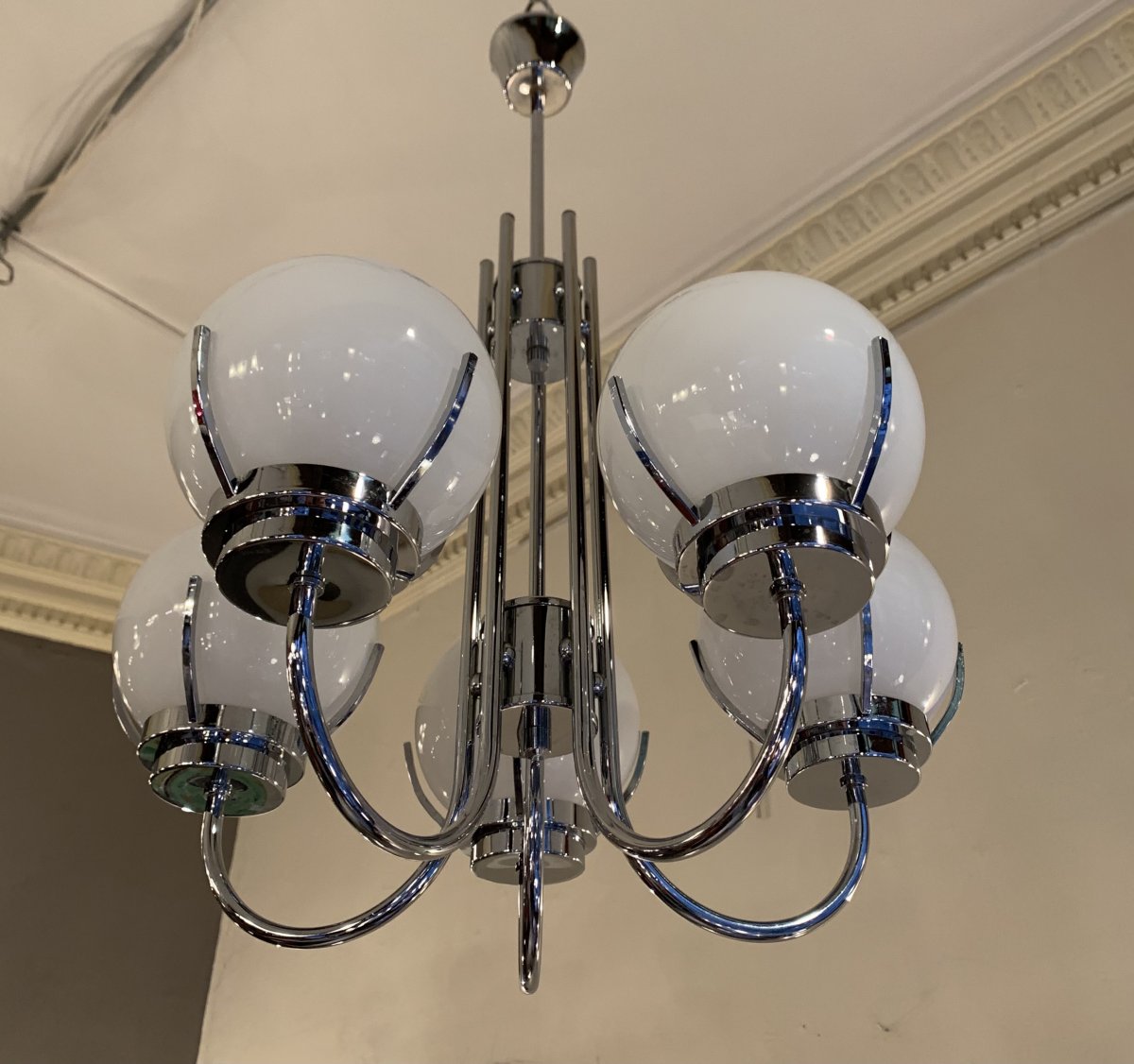 Modernist Art Deco Chandelier With 5 Balls In White Opaline (art Deco Chandeliers 1930)-photo-7