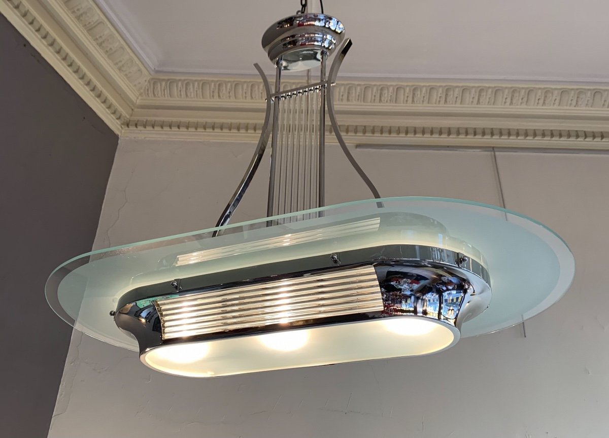 Magnifique Lustre Art Déco Petitot Modèle Lyre à Baguettes De Verre ( Lustres Art Deco 1930 ) -photo-2