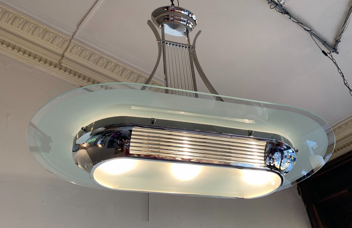 Magnifique Lustre Art Déco Petitot Modèle Lyre à Baguettes De Verre ( Lustres Art Deco 1930 ) -photo-3