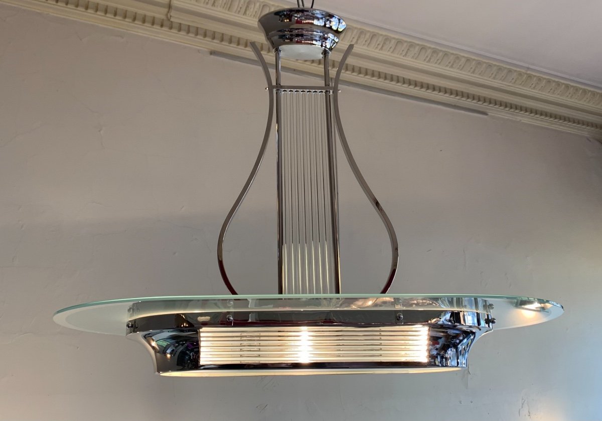 Magnifique Lustre Art Déco Petitot Modèle Lyre à Baguettes De Verre ( Lustres Art Deco 1930 ) -photo-4