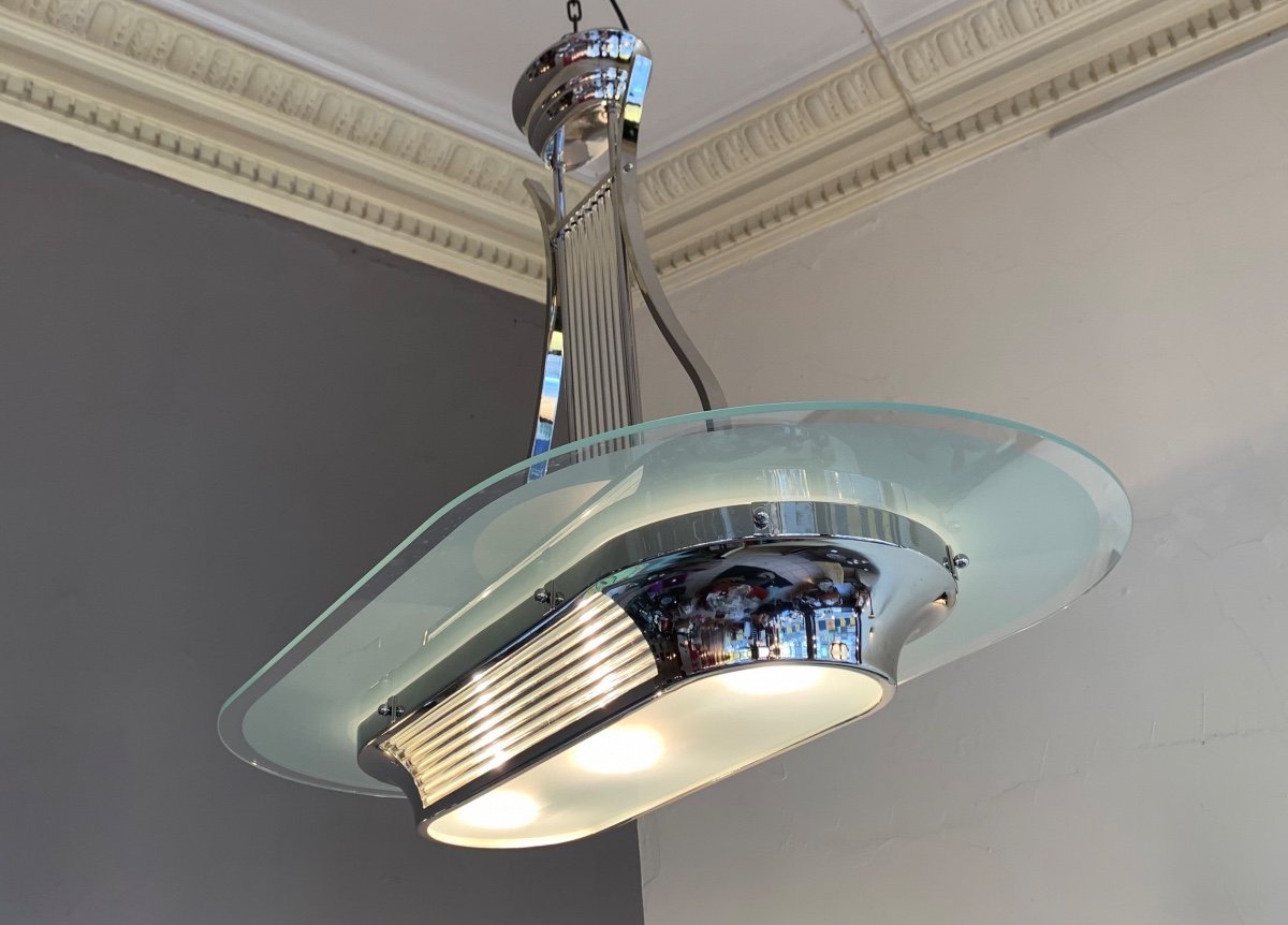 Magnifique Lustre Art Déco Petitot Modèle Lyre à Baguettes De Verre ( Lustres Art Deco 1930 ) -photo-1