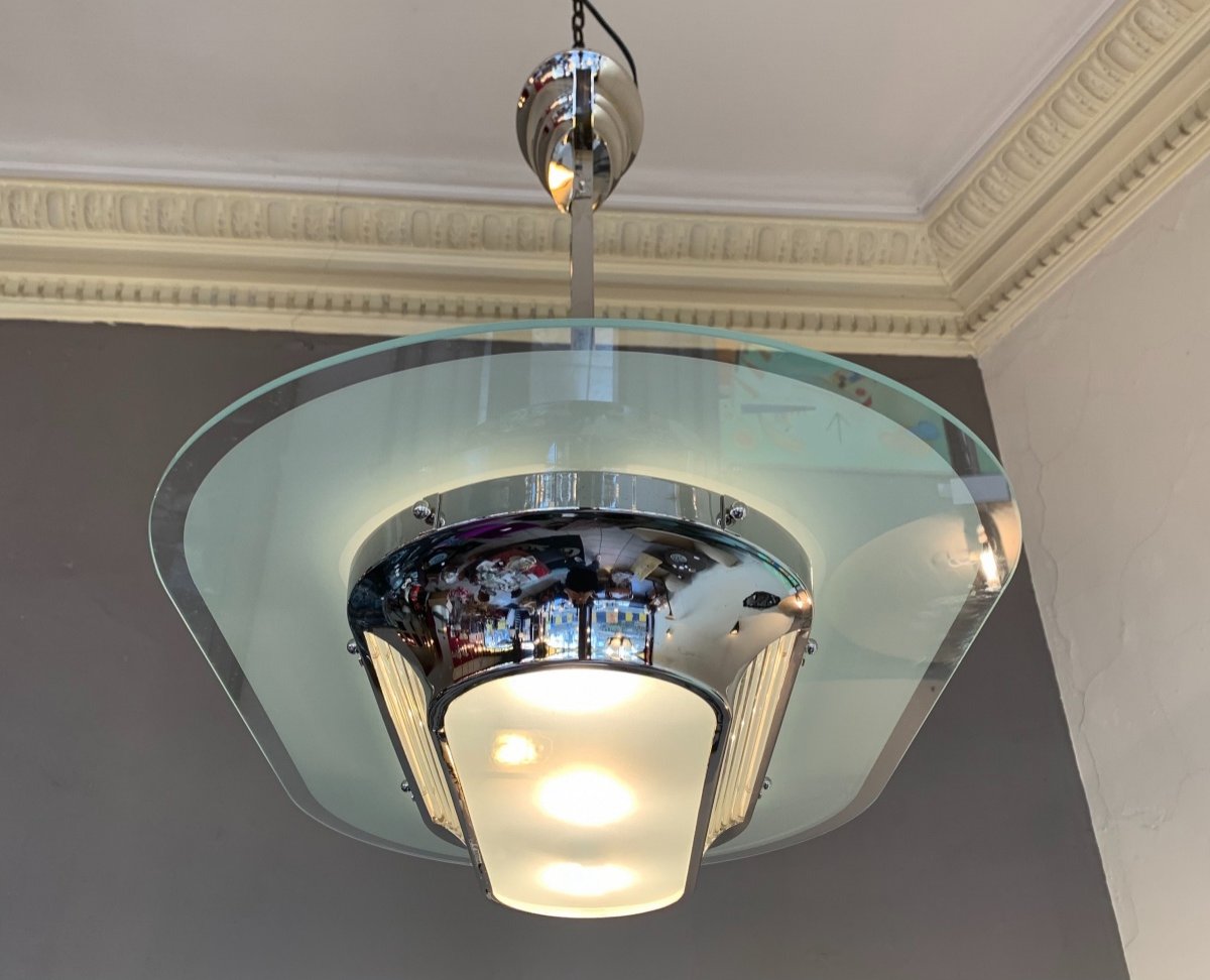 Magnifique Lustre Art Déco Petitot Modèle Lyre à Baguettes De Verre ( Lustres Art Deco 1930 ) -photo-4