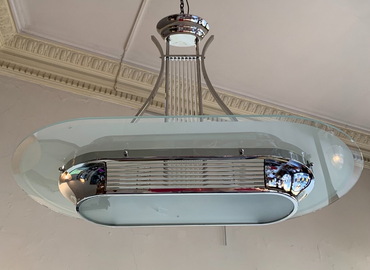 Magnifique Lustre Art Déco Petitot Modèle Lyre à Baguettes De Verre ( Lustres Art Deco 1930 ) -photo-7